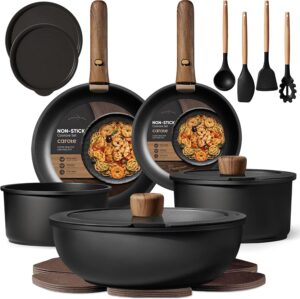 CAROTE 19pcs Pots and Pans Set Non Stick, Detachable Handle Cookware, Black | Induction Compatible, Dishwasher & Oven Safe, Space Saving, for Camping/RV/Traveling, Kitchen Cooking Set