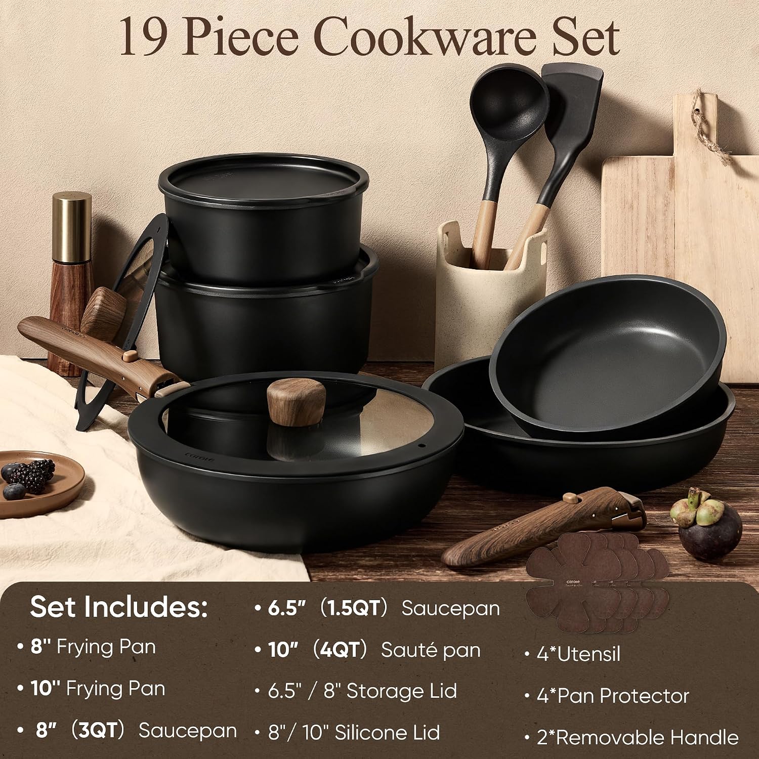 CAROTE 19pcs Pots and Pans Set Non Stick, Detachable Handle Cookware, Black | Induction Compatible, Dishwasher & Oven Safe, Space Saving, for Camping/RV/Traveling, Kitchen Cooking Set - Image 2