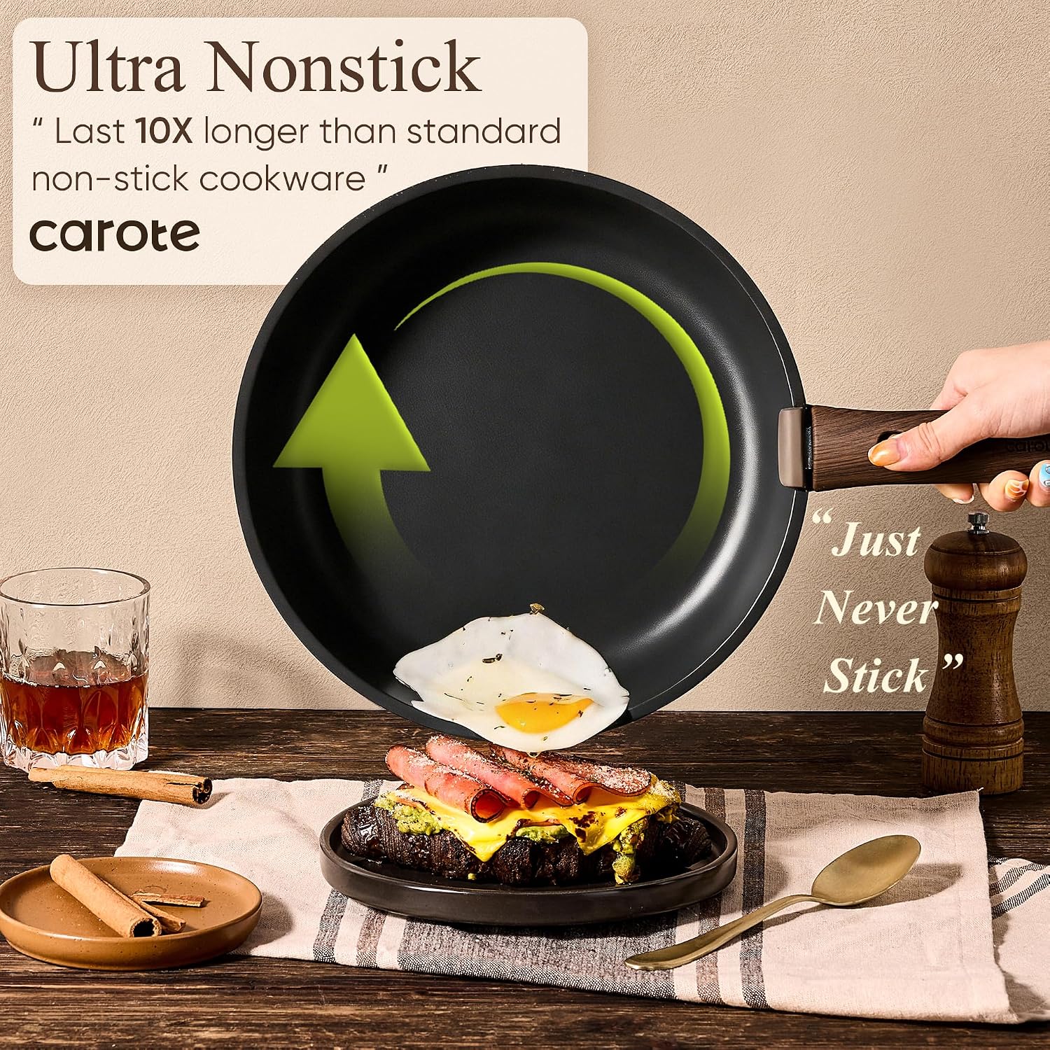 CAROTE 19pcs Pots and Pans Set Non Stick, Detachable Handle Cookware, Black | Induction Compatible, Dishwasher & Oven Safe, Space Saving, for Camping/RV/Traveling, Kitchen Cooking Set - Image 3