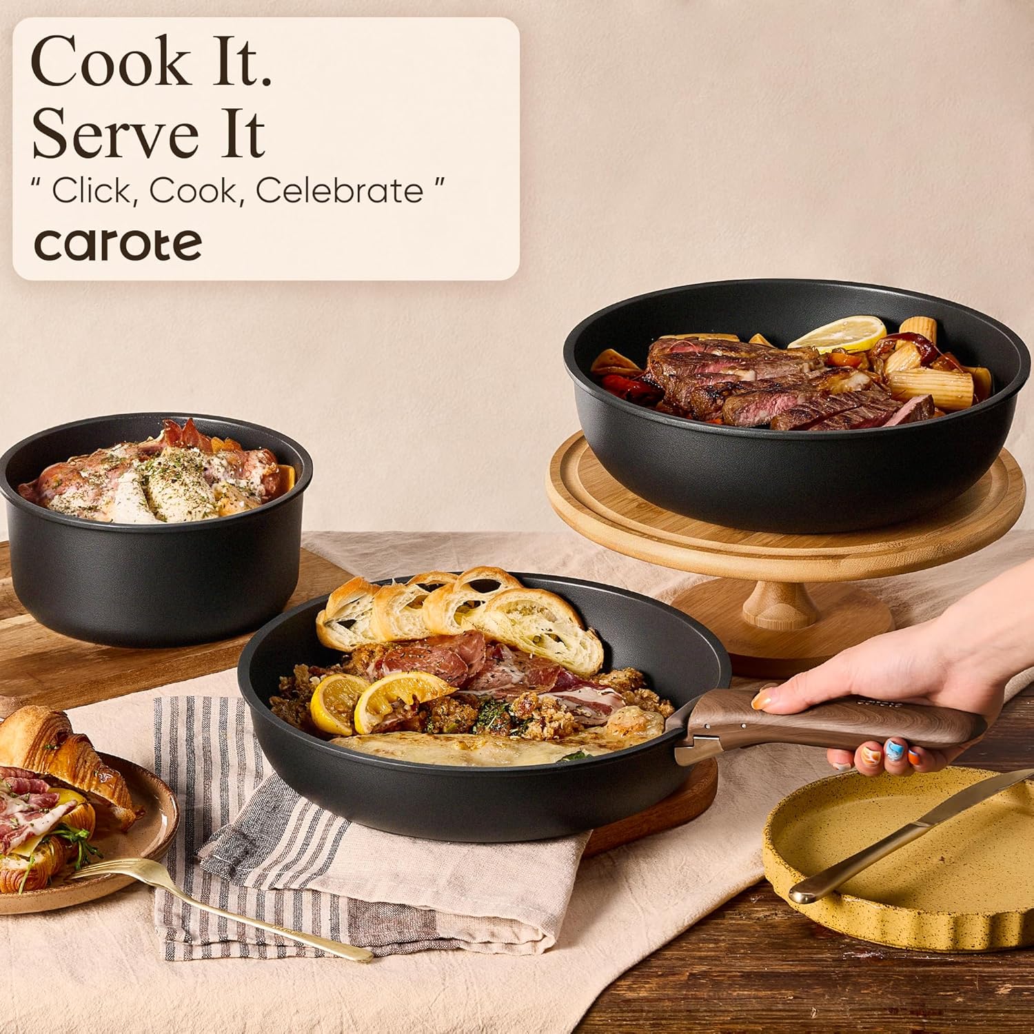 CAROTE 19pcs Pots and Pans Set Non Stick, Detachable Handle Cookware, Black | Induction Compatible, Dishwasher & Oven Safe, Space Saving, for Camping/RV/Traveling, Kitchen Cooking Set - Image 6