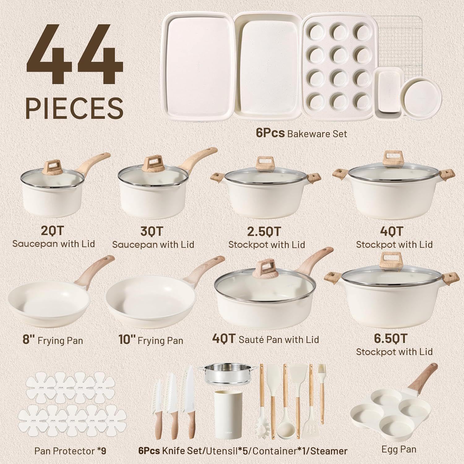 CAROTE 44pcs Pots and Pans, Nonstick Cookware Sets with Bakeware | Induction Cooking Set with Kitchen Knife Set & Egg Pan, Durable, Easy Clean, Even Heating - Image 2