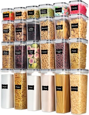 Vtopmart Airtight Food Storage Containers with Lids, 24 pcs, Black | For Cereal Pasta Snack Flour Sugar, BPA Free, Airtight Seal, Multiple Sizes, Dishwasher Safe (Not Lids), Includes 24 Labels