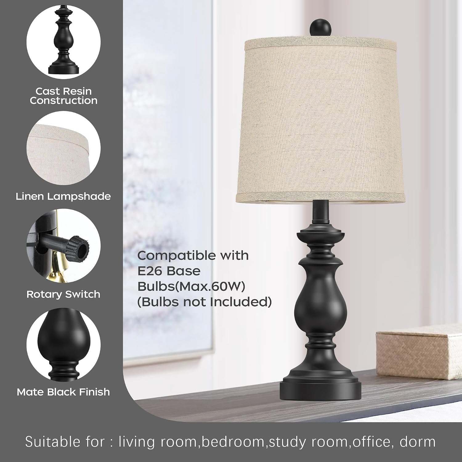 PARTPHONER Traditional Table Lamp Set of 2, Rustic Farmhouse Table Lamps for Living Room Bedroom, 22" Bedside Desk Lamps Vintage Nightstand Lamps with Linen Shades, Black - Image 3
