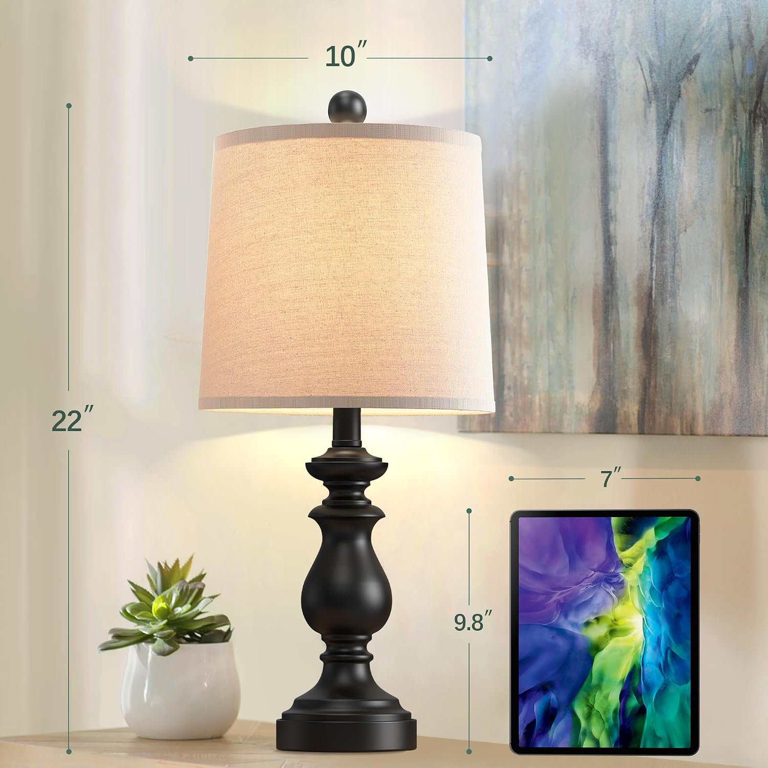 PARTPHONER Traditional Table Lamp Set of 2, Rustic Farmhouse Table Lamps for Living Room Bedroom, 22" Bedside Desk Lamps Vintage Nightstand Lamps with Linen Shades, Black - Image 4