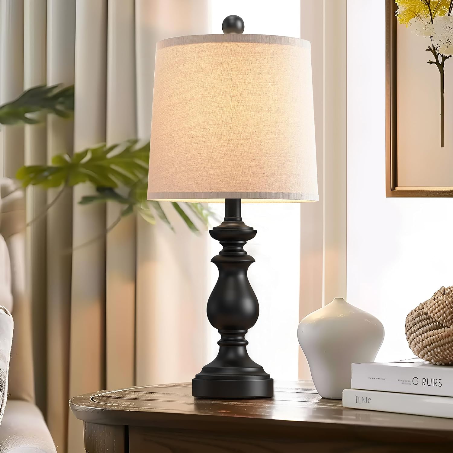 PARTPHONER Traditional Table Lamp Set of 2, Rustic Farmhouse Table Lamps for Living Room Bedroom, 22" Bedside Desk Lamps Vintage Nightstand Lamps with Linen Shades, Black - Image 5