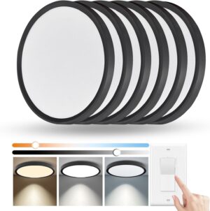 6 Pack 12 Inch Hardwired Dimmable LED Flush Mount Ceiling Light Fixtures, 24W 2640LM 3000K/4000K/5000K, House Upgrade Led Lights for Bedroom Hallway Laundry Room Rental Units, 240W Equiv., Black