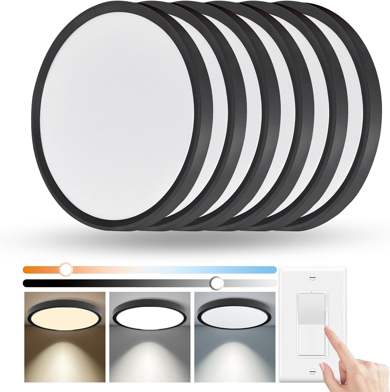 6 Pack 12 Inch Hardwired Dimmable LED Flush Mount Ceiling Light Fixtures, 24W 2640LM 3000K/4000K/5000K, House Upgrade Led Lights for Bedroom Hallway Laundry Room Rental Units, 240W Equiv., Black