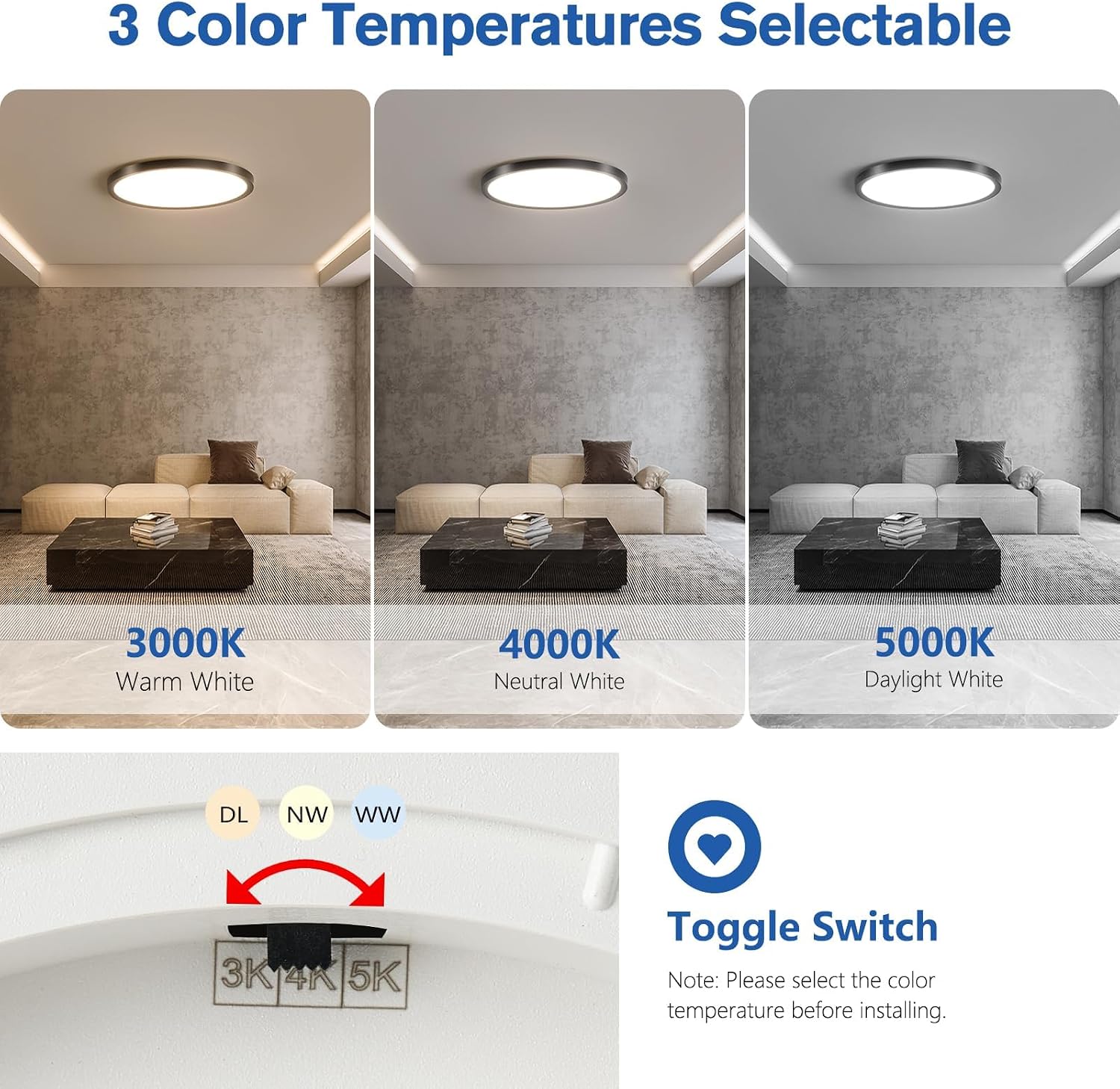 6 Pack 12 Inch Hardwired Dimmable LED Flush Mount Ceiling Light Fixtures, 24W 2640LM 3000K/4000K/5000K, House Upgrade Led Lights for Bedroom Hallway Laundry Room Rental Units, 240W Equiv., Black - Image 2