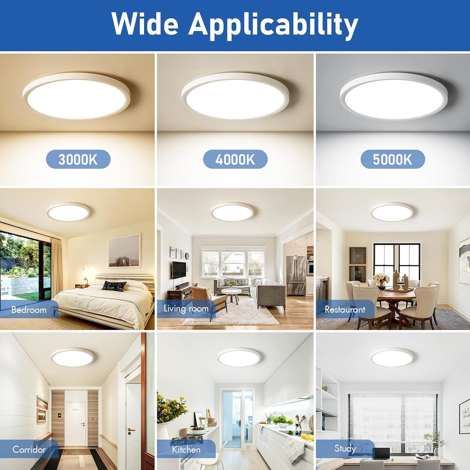 6 Pack 12 Inch Hardwired Dimmable LED Flush Mount Ceiling Light Fixtures, 24W 2640LM 3000K/4000K/5000K, House Upgrade Led Lights for Bedroom Hallway Laundry Room Rental Units, 240W Equiv., Black - Image 5