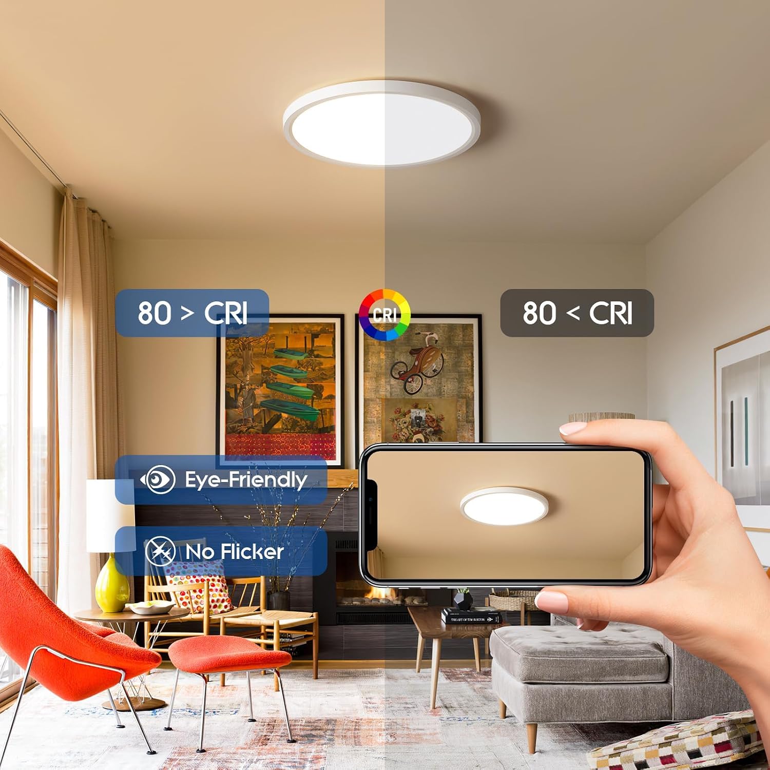 6 Pack 12 Inch Hardwired Dimmable LED Flush Mount Ceiling Light Fixtures, 24W 2640LM 3000K/4000K/5000K, House Upgrade Led Lights for Bedroom Hallway Laundry Room Rental Units, 240W Equiv., Black - Image 6