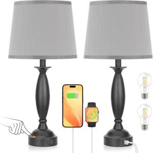 Bedroom Lamps for Nightstand, 3 Way Dimmable Black Bedside Lamps with USB | Touch, USB C+A Ports, Bulb Included, Gray Shade, Black, Bed Side lamps for Night Stands, Living Room