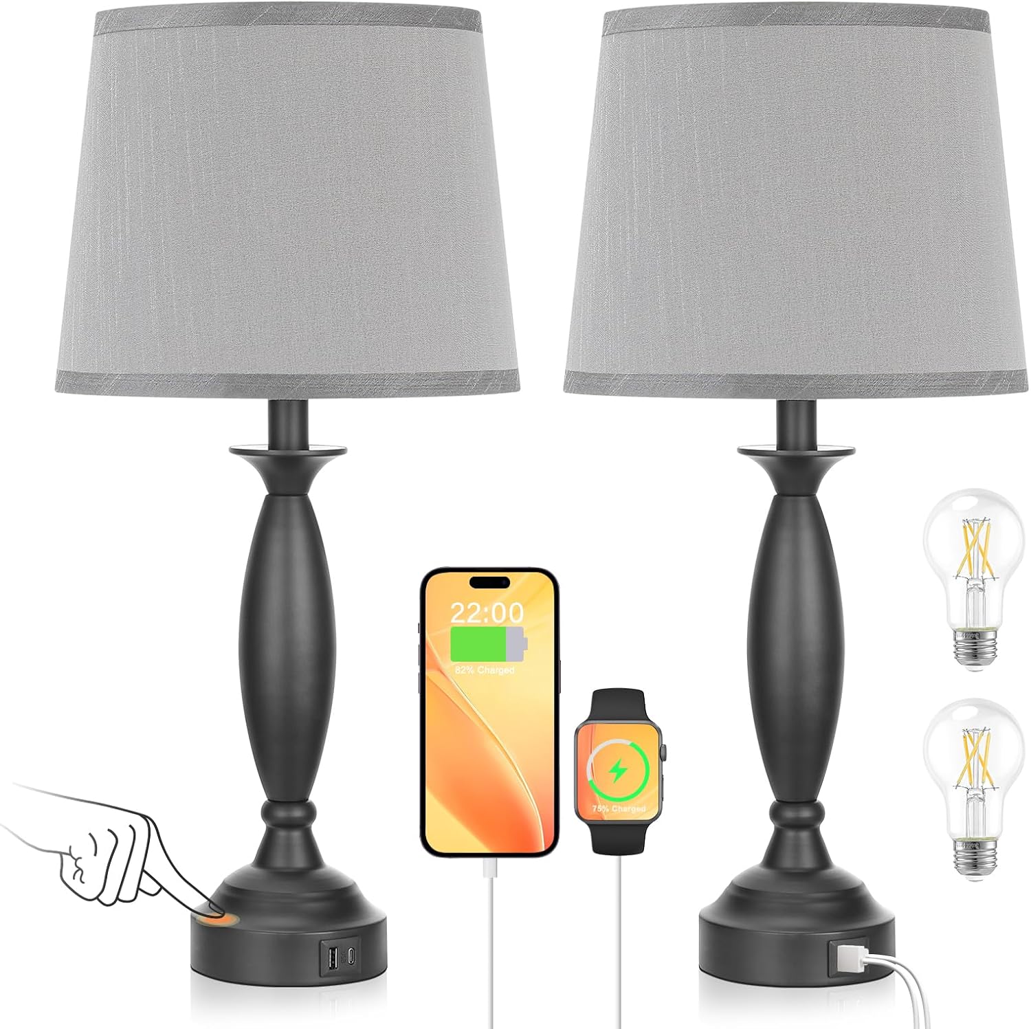 Bedroom Lamps for Nightstand, 3 Way Dimmable Black Bedside Lamps with USB | Touch, USB C+A Ports, Bulb Included, Gray Shade, Black, Bed Side lamps for Night Stands, Living Room
