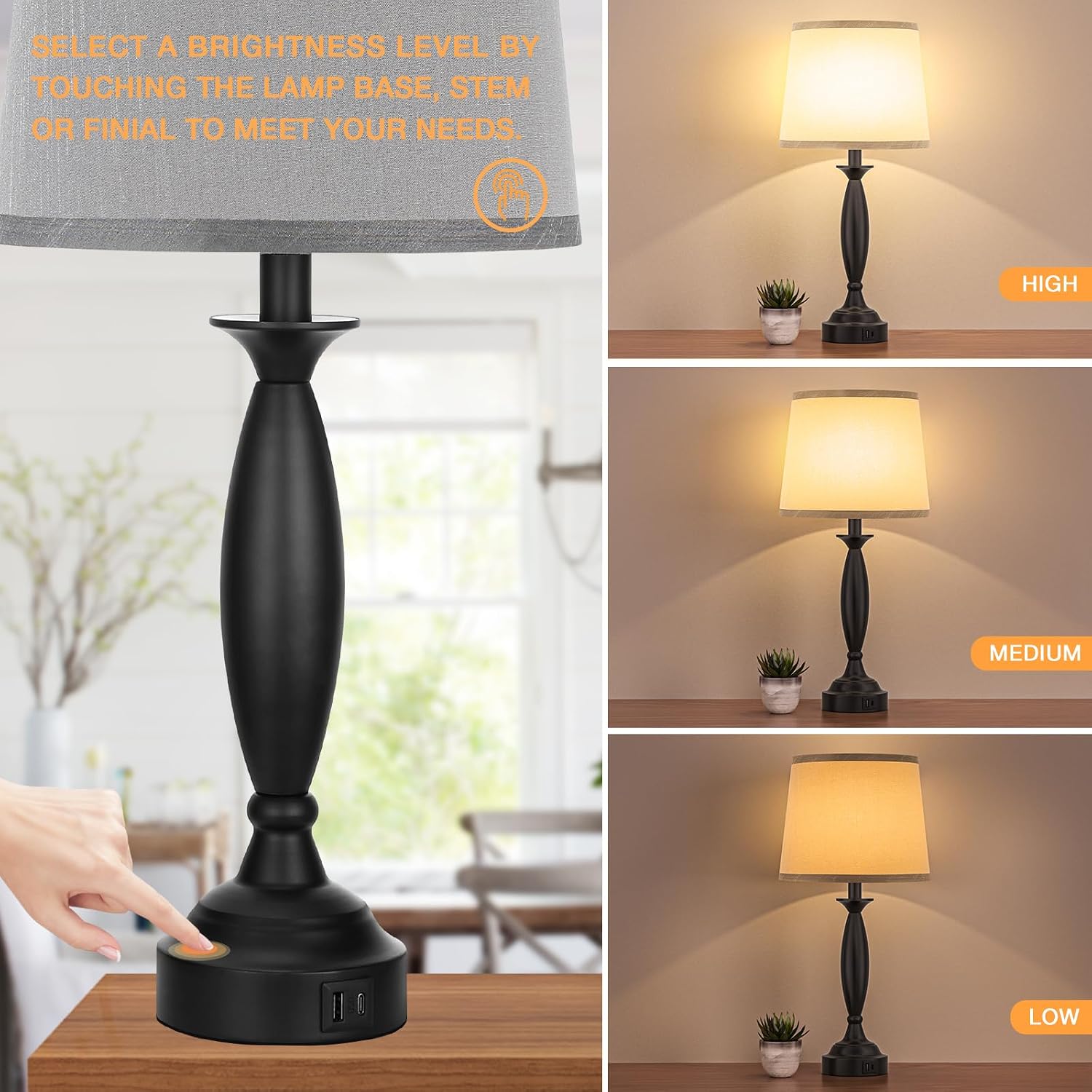 Bedroom Lamps for Nightstand, 3 Way Dimmable Black Bedside Lamps with USB | Touch, USB C+A Ports, Bulb Included, Gray Shade, Black, Bed Side lamps for Night Stands, Living Room - Image 2