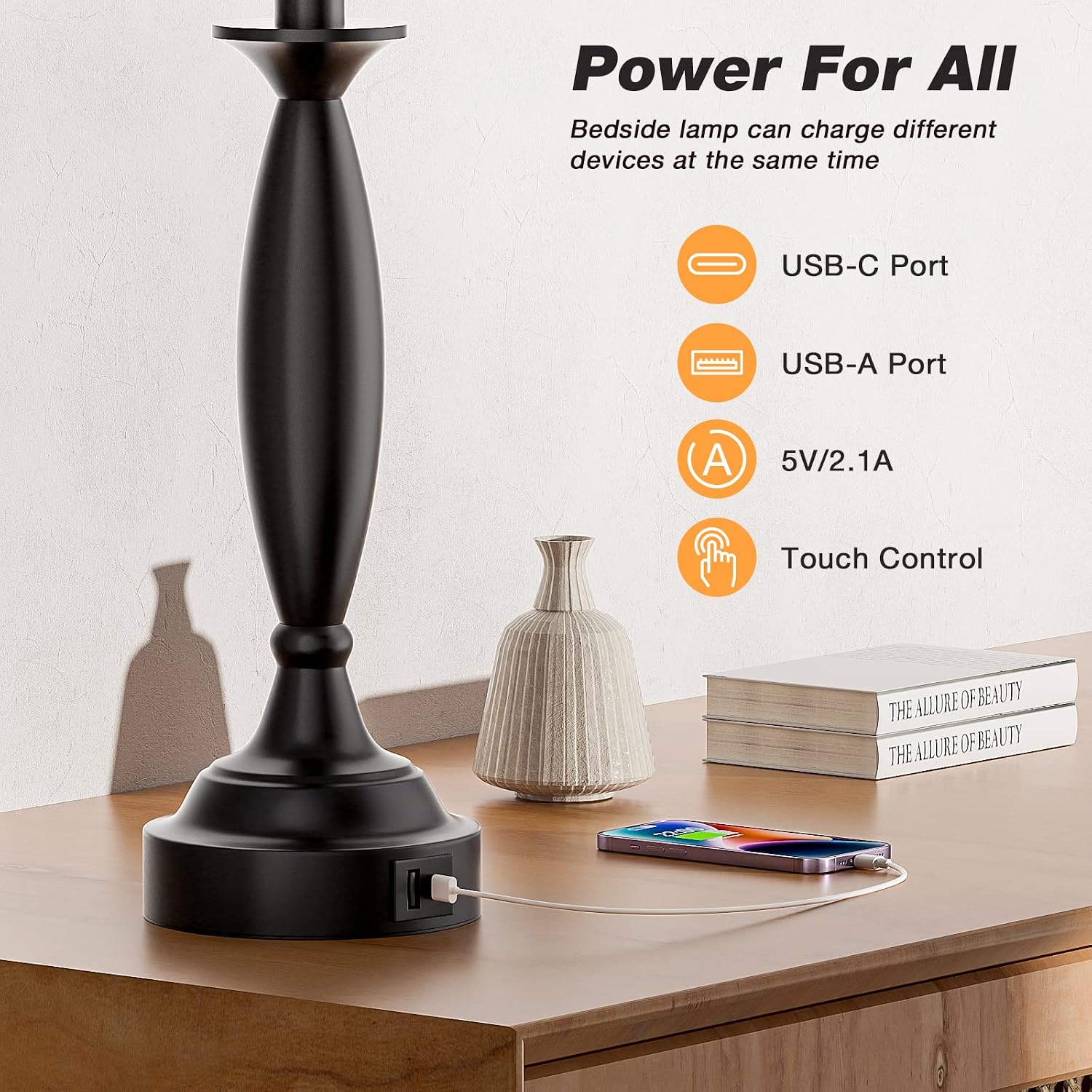 Bedroom Lamps for Nightstand, 3 Way Dimmable Black Bedside Lamps with USB | Touch, USB C+A Ports, Bulb Included, Gray Shade, Black, Bed Side lamps for Night Stands, Living Room - Image 3