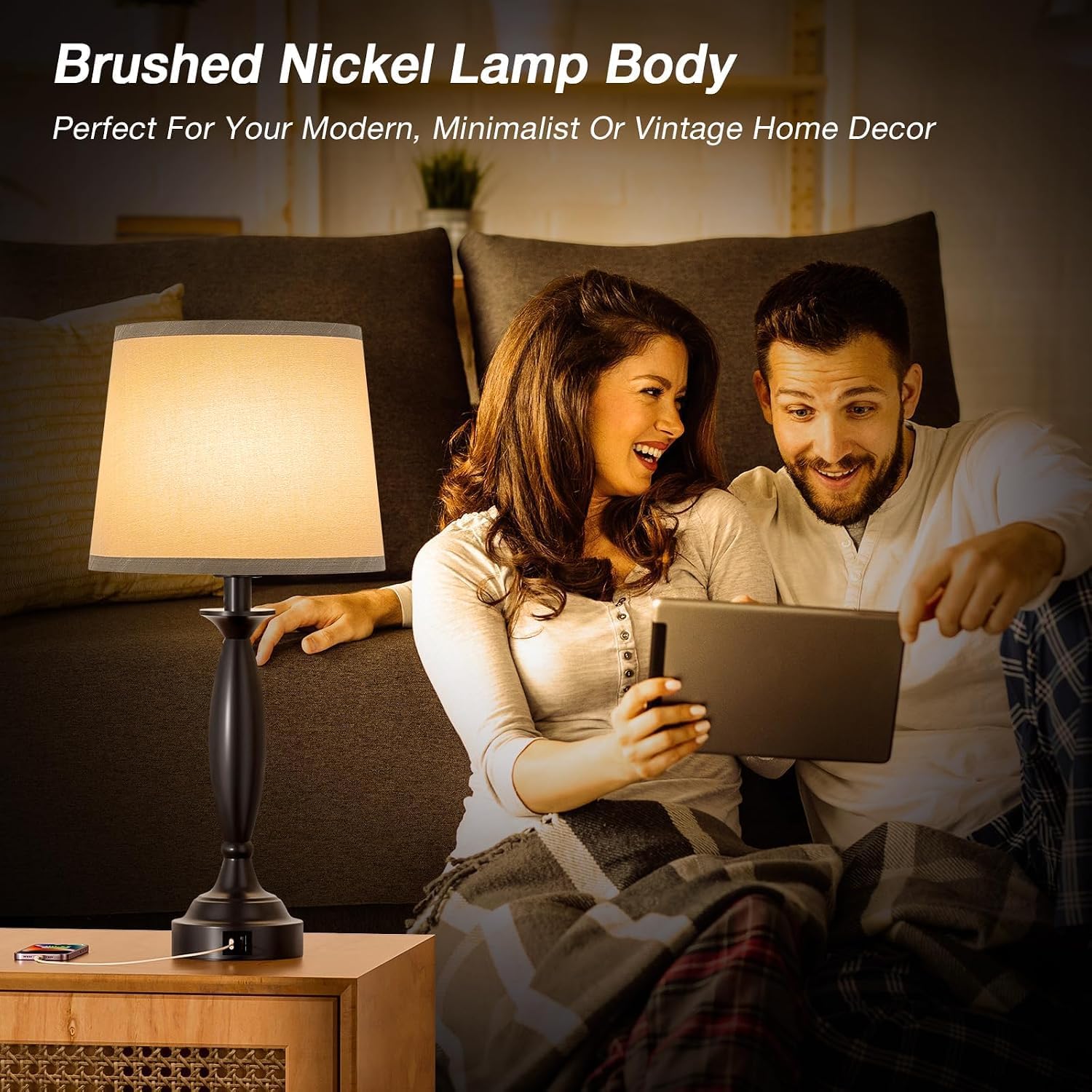 Bedroom Lamps for Nightstand, 3 Way Dimmable Black Bedside Lamps with USB | Touch, USB C+A Ports, Bulb Included, Gray Shade, Black, Bed Side lamps for Night Stands, Living Room - Image 5