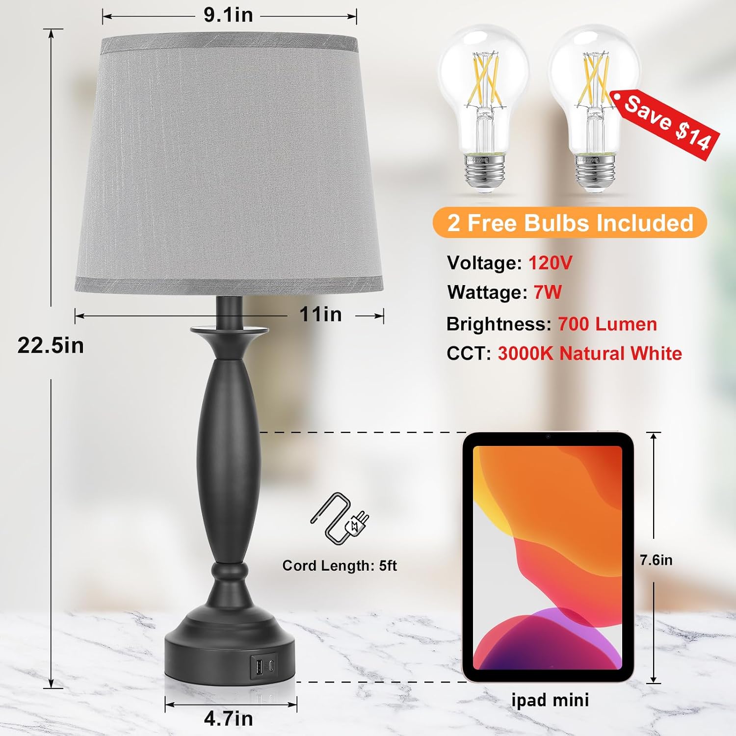 Bedroom Lamps for Nightstand, 3 Way Dimmable Black Bedside Lamps with USB | Touch, USB C+A Ports, Bulb Included, Gray Shade, Black, Bed Side lamps for Night Stands, Living Room - Image 6